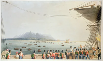 Näkymä Upton Castle Transportin kannelta, brittiläisen armeijan maihinnousu, 29. marraskuuta 1810, teoksesta "Kuusitoista näkymää paikoista Persianlahdella, otettu vuosina 1809-1810 havainnollistaen Pr.